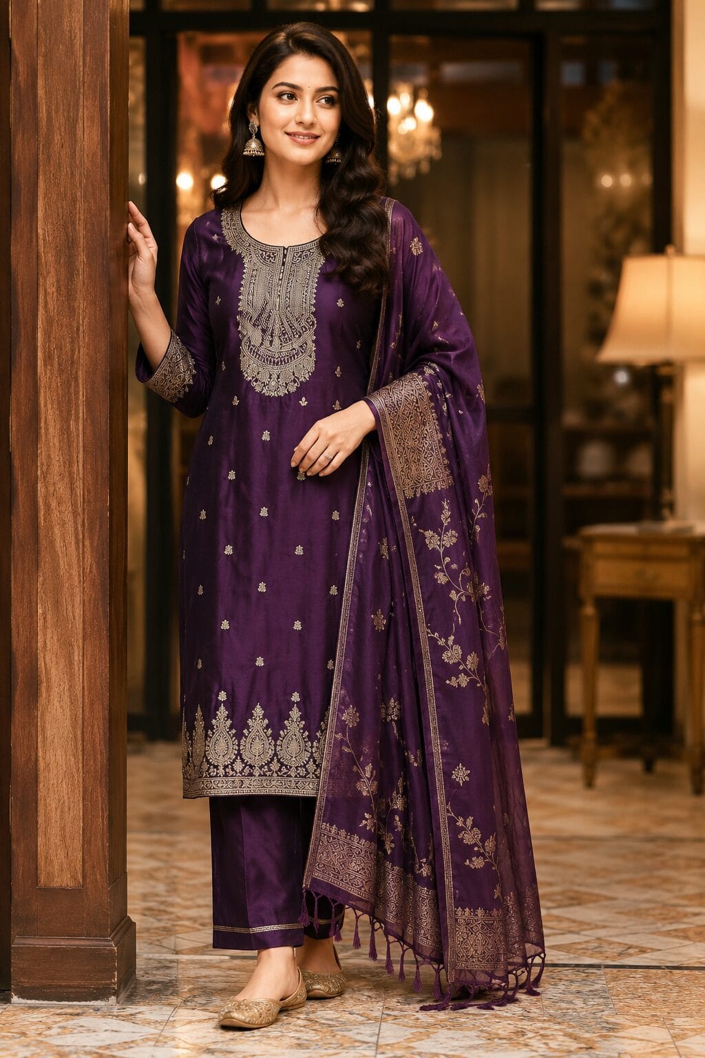 Wine Cotton Silk Blend Kurta Pant and Dupatta Set