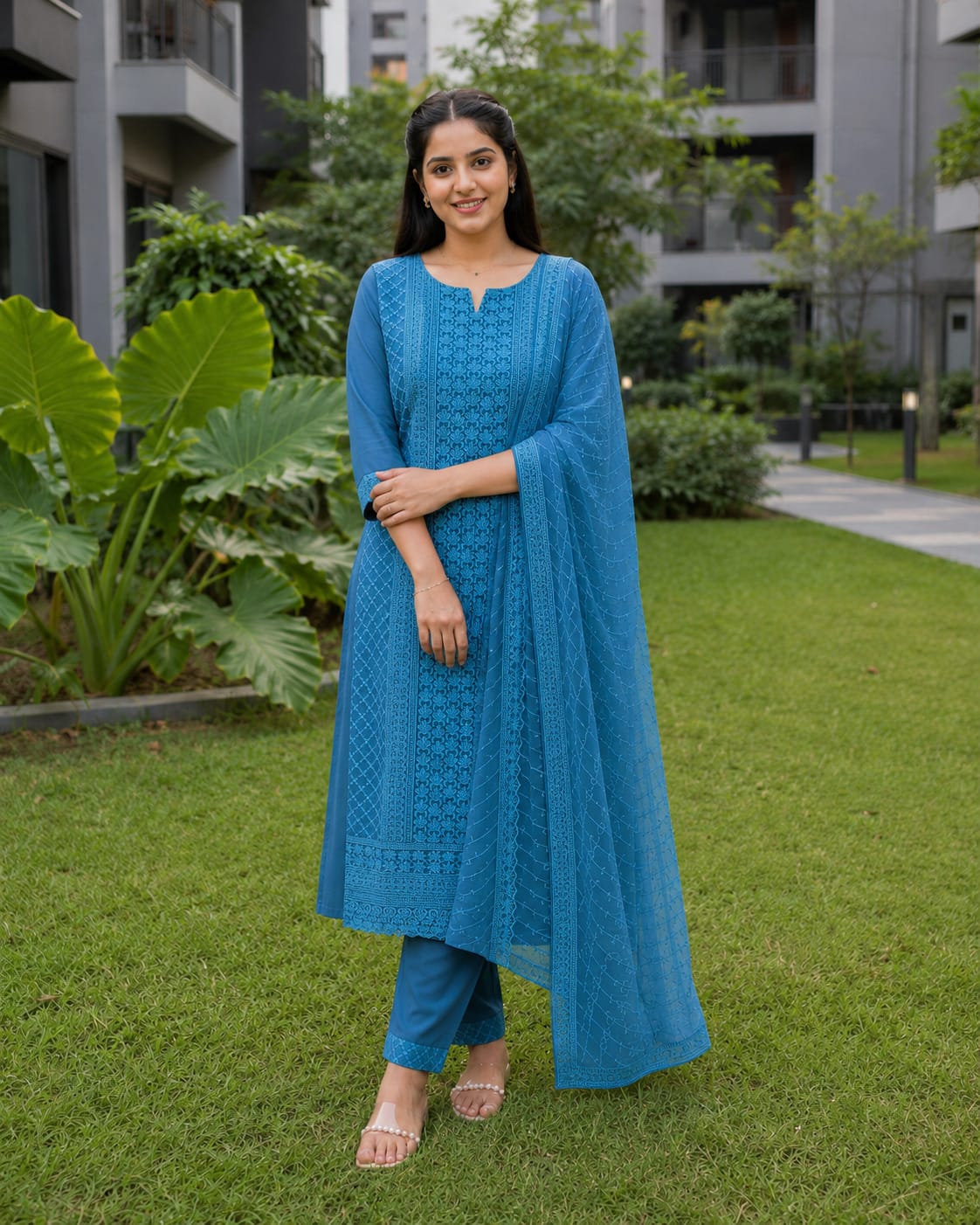 Blue Chikankari Embroidered Georgette Kurta Pant Set With Dupatta