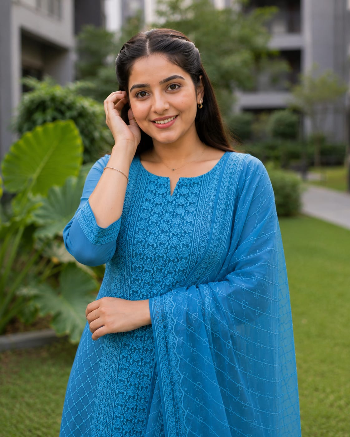 Blue Chikankari Embroidered Georgette Kurta Pant Set With Dupatta - Image 2