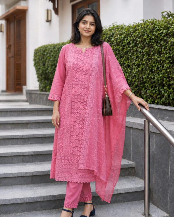 Pink Chikankari Embroidered Georgette Kurta Pant Set With Dupatta
