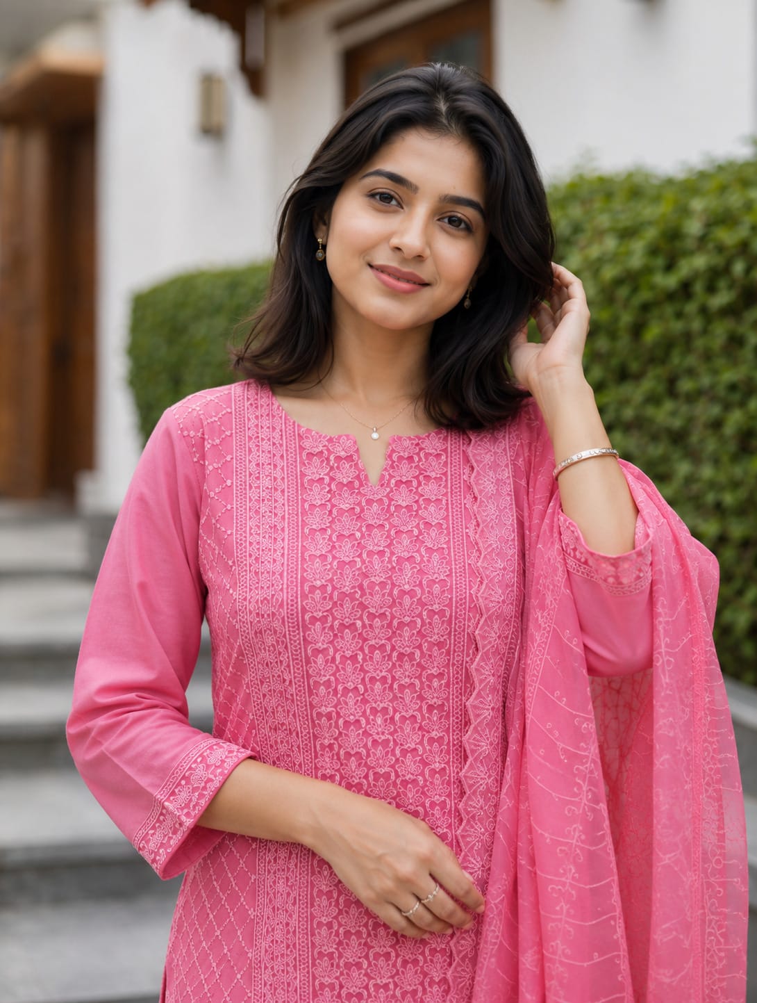 Pink Chikankari Embroidered Georgette Kurta Pant Set With Dupatta - Image 2