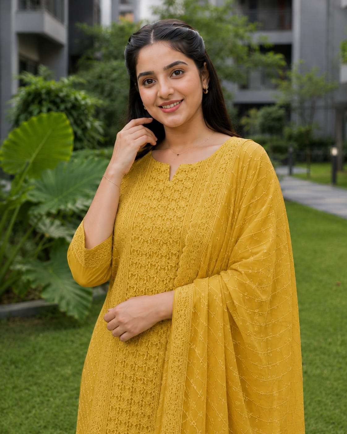 Mustard Chikankari Embroidered Georgette Kurta Pant Set With Dupatta - Image 2