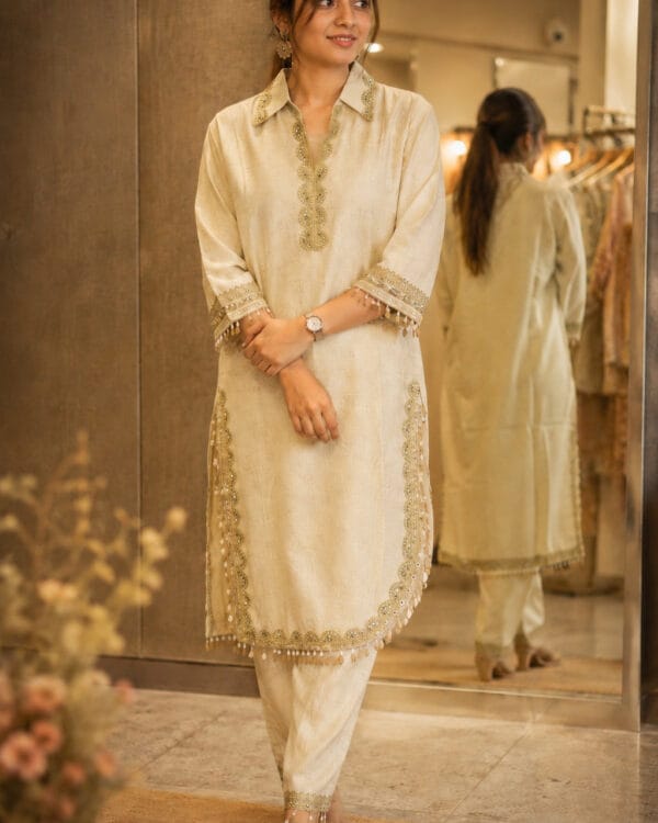 Ivory Khadi Cotton Embroidered Kurta Pant Set