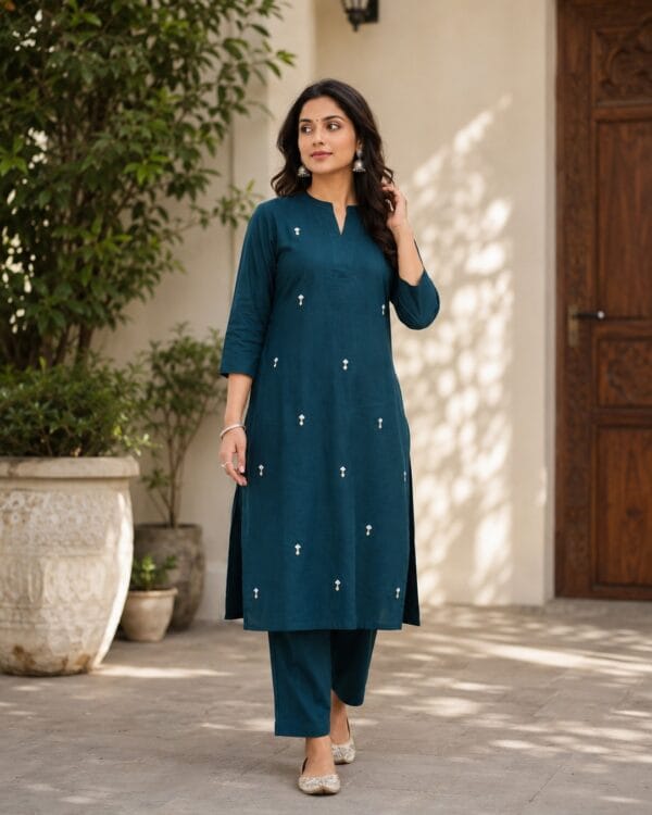 Navy Blue Pure Cambric Cotton Kurta Pant Set