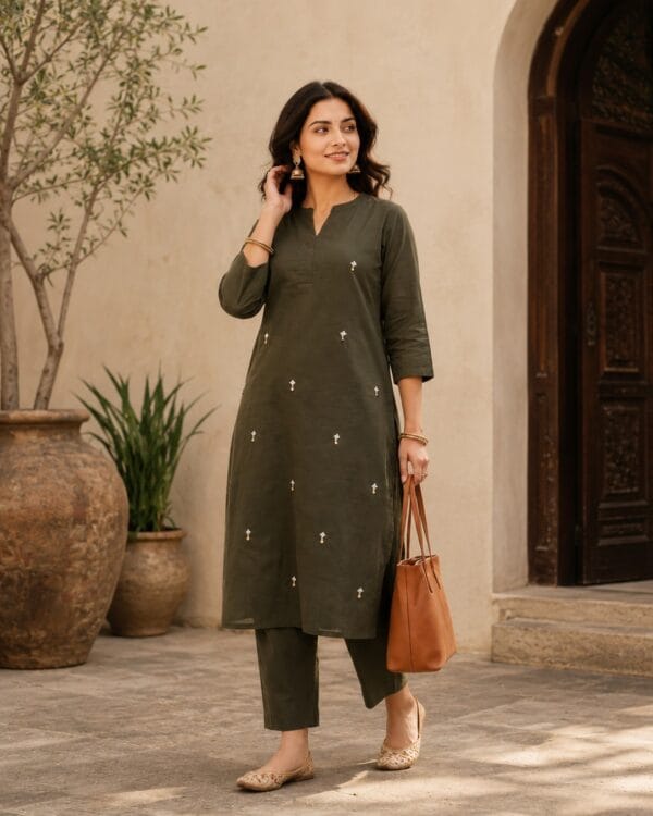 Military Green Pure Cambric Cotton Kurta Pant Set