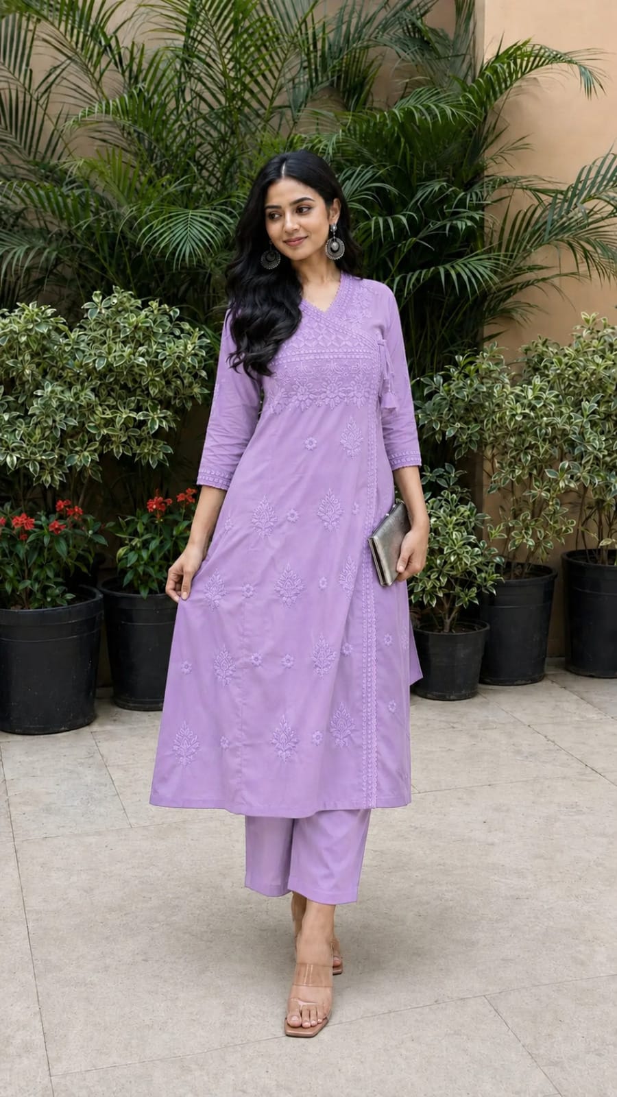 Purple Cotton Blend Angrakha Style Chikankari Kurta With Pant - Image 2
