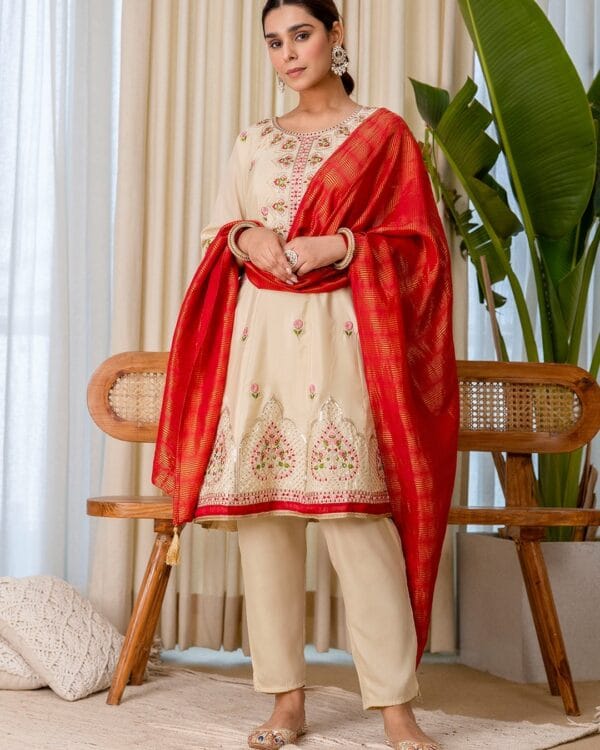 Beige Silk Blend Kurta Pant and Dupatta set