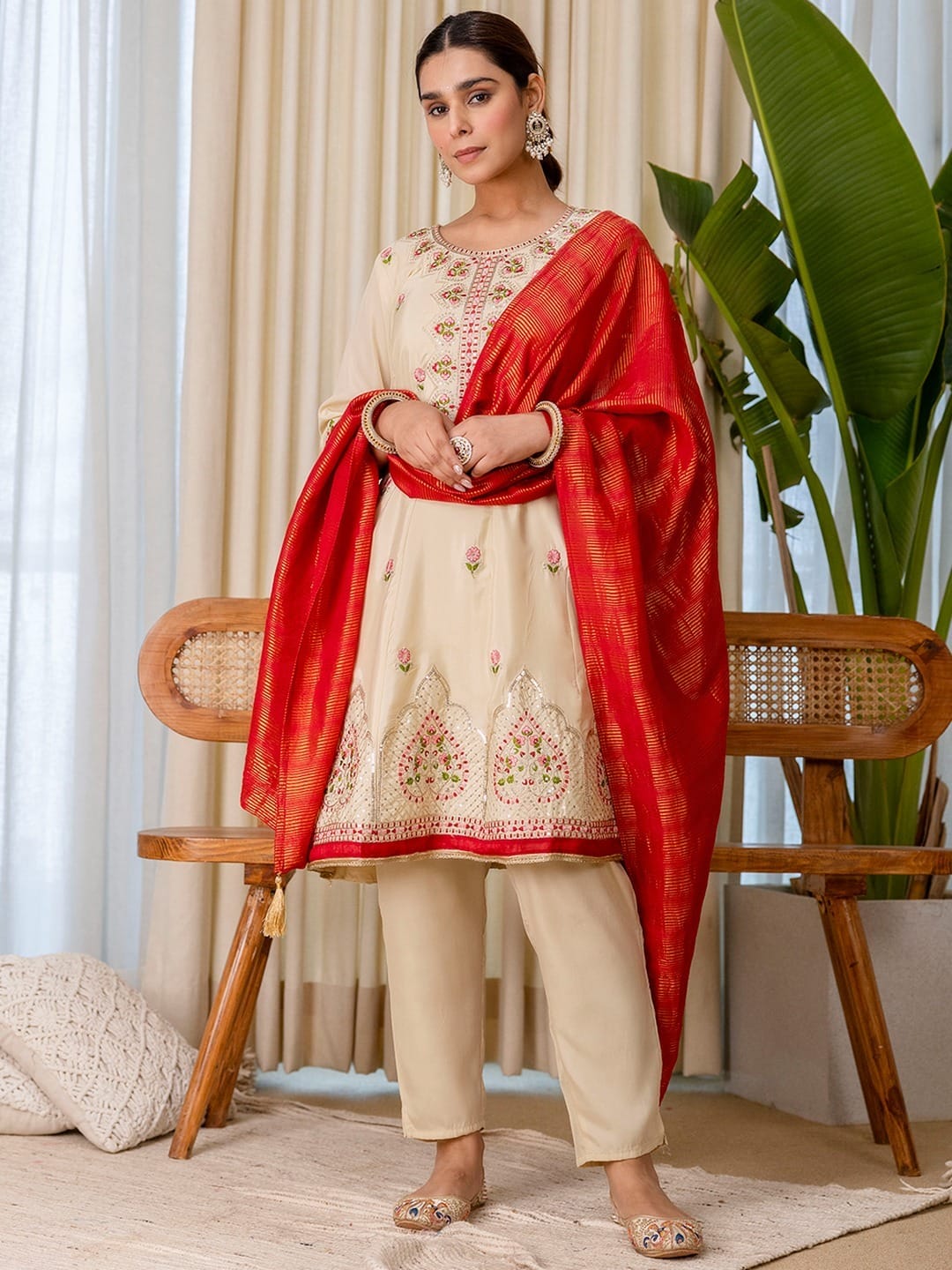 Beige Silk Blend Kurta Pant and Dupatta set