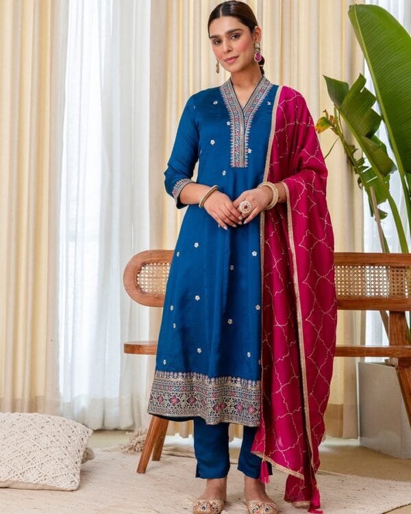 Teal Silk Blend Embroidered Kurta Pant and Dupatta Set