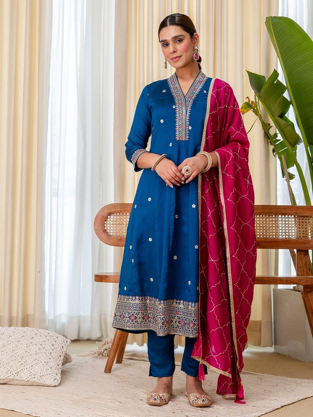 Teal Silk Blend Embroidered Kurta Pant and Dupatta Set