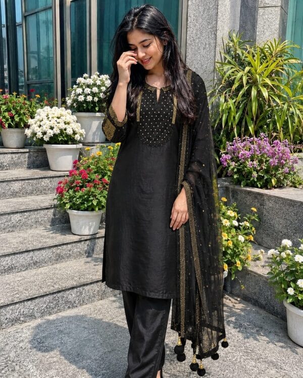 Black Mul Chanderi Embroidered Kurta and Pant with Dupatta