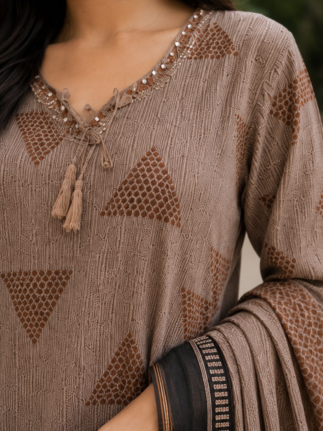 Taupe and Black Printed Cotton Blend Kurta and Pant with Dupatta - Image 3