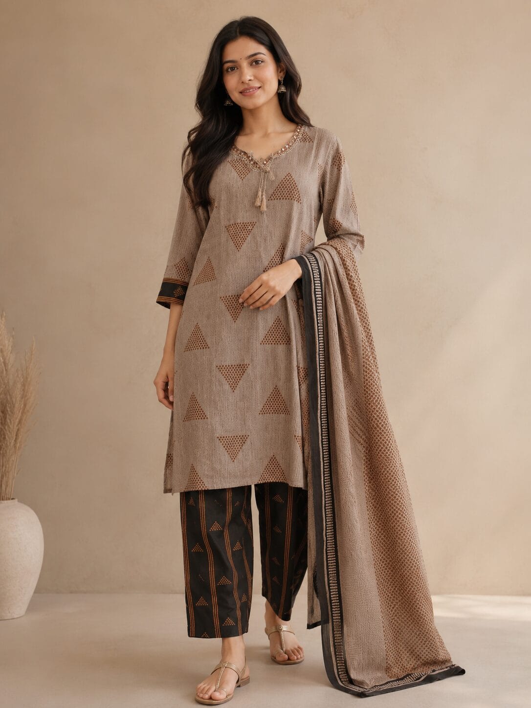 Taupe and Black Printed Cotton Blend Kurta and Pant with Dupatta - Image 4