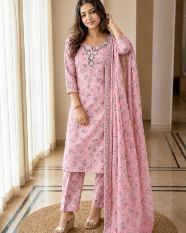 Pink Floral Printed Cotton Blend Kurta and Pant with Dupatta