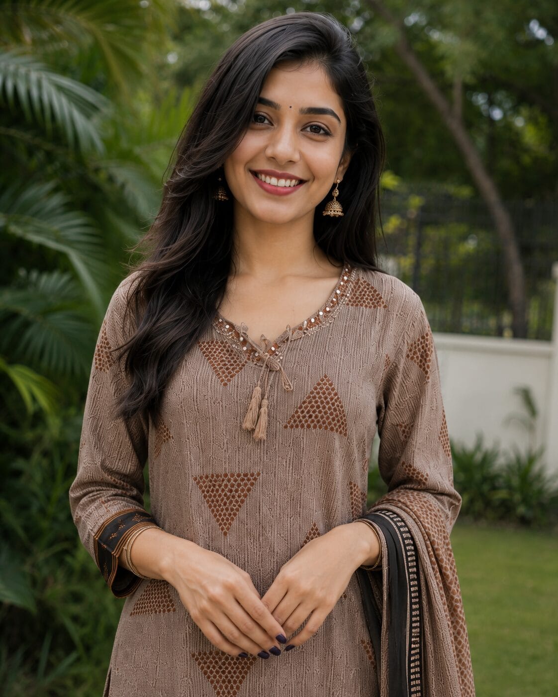 Taupe and Black Printed Cotton Blend Kurta and Pant with Dupatta - Image 2