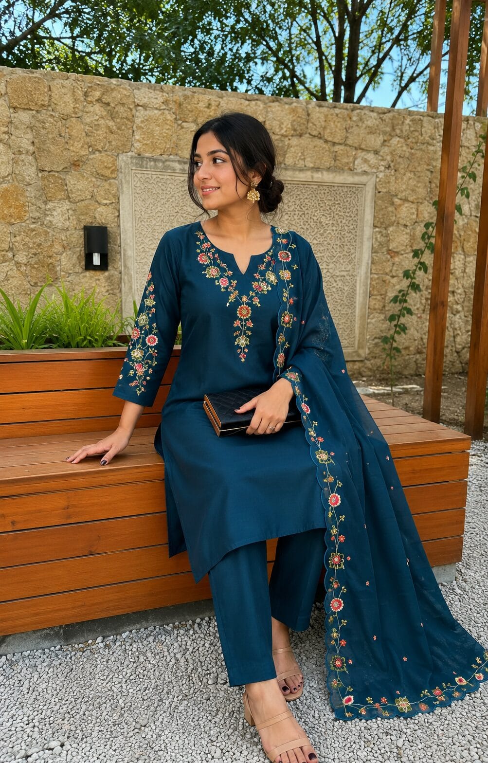 Teal Blue Silk Blend Embroidered Kurta and Pant with Dupatta - Image 4
