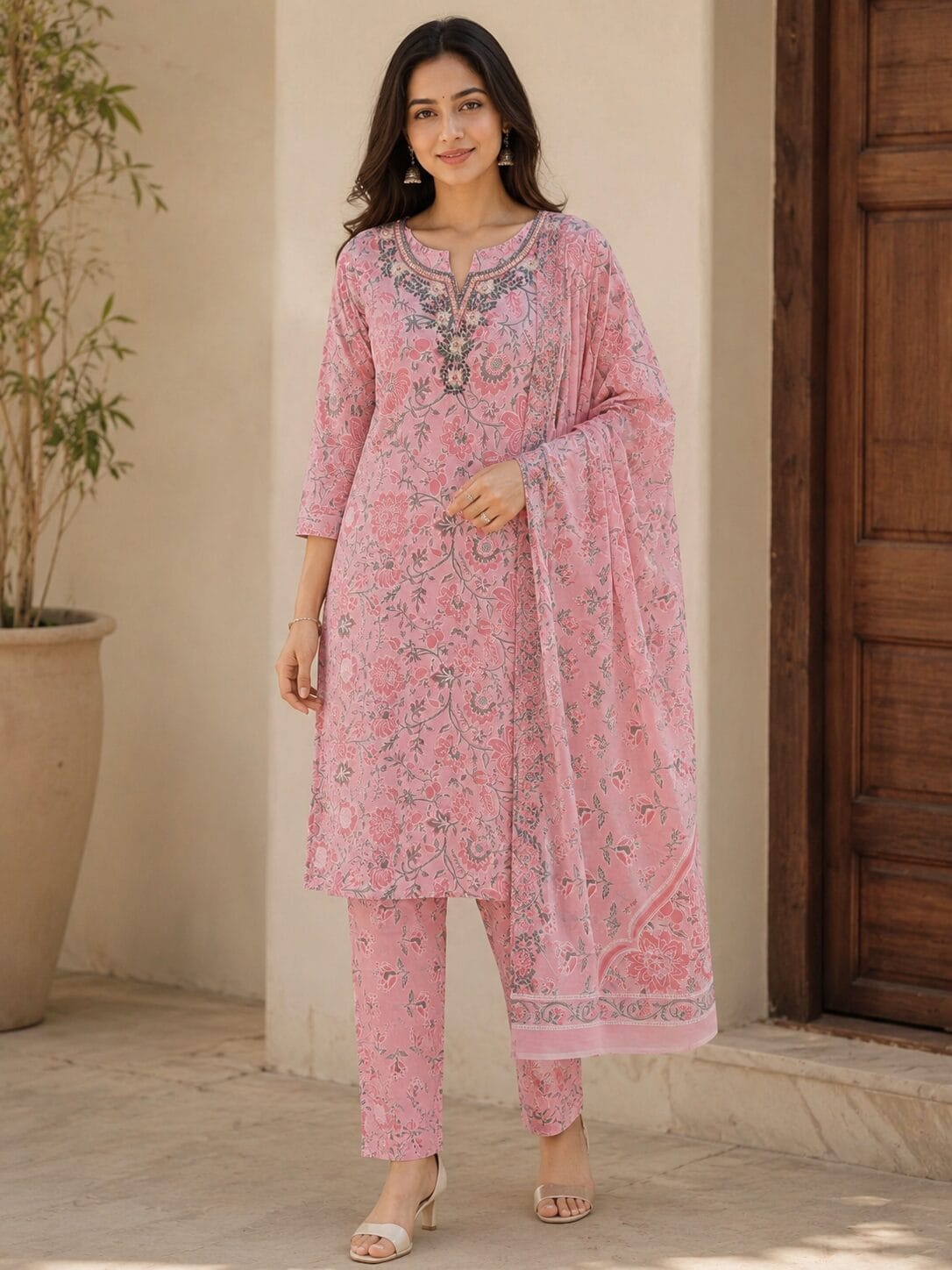 Pink Floral Printed Cotton Blend Kurta and Pant with Dupatta - Image 3