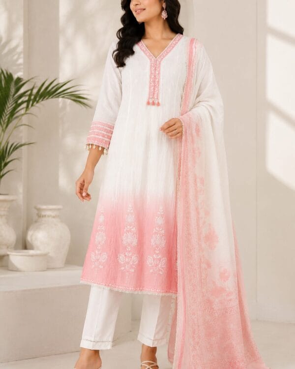 Ivory & Blush Pink Mul Chanderi Ombre Shaded Kurta and Pant with Dupatta