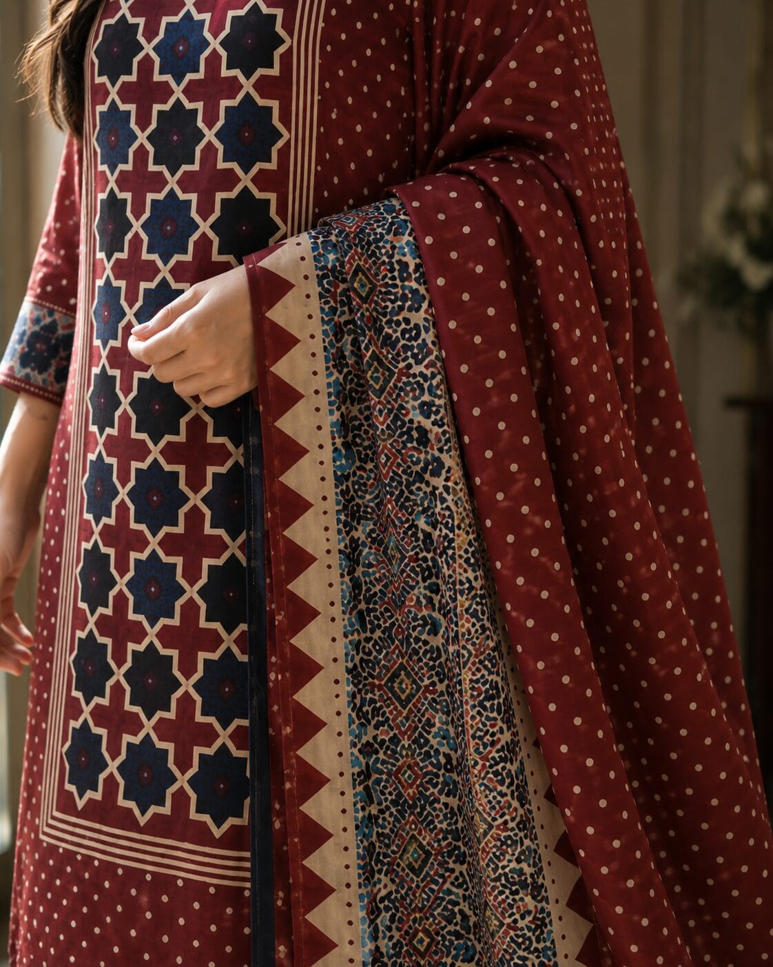 Maroon Printed Cotton Blend Kurta and Pant with Dupatta - Image 3