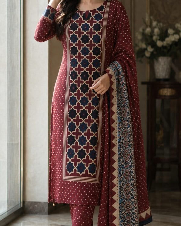 Maroon Printed Cotton Blend Kurta and Pant with Dupatta