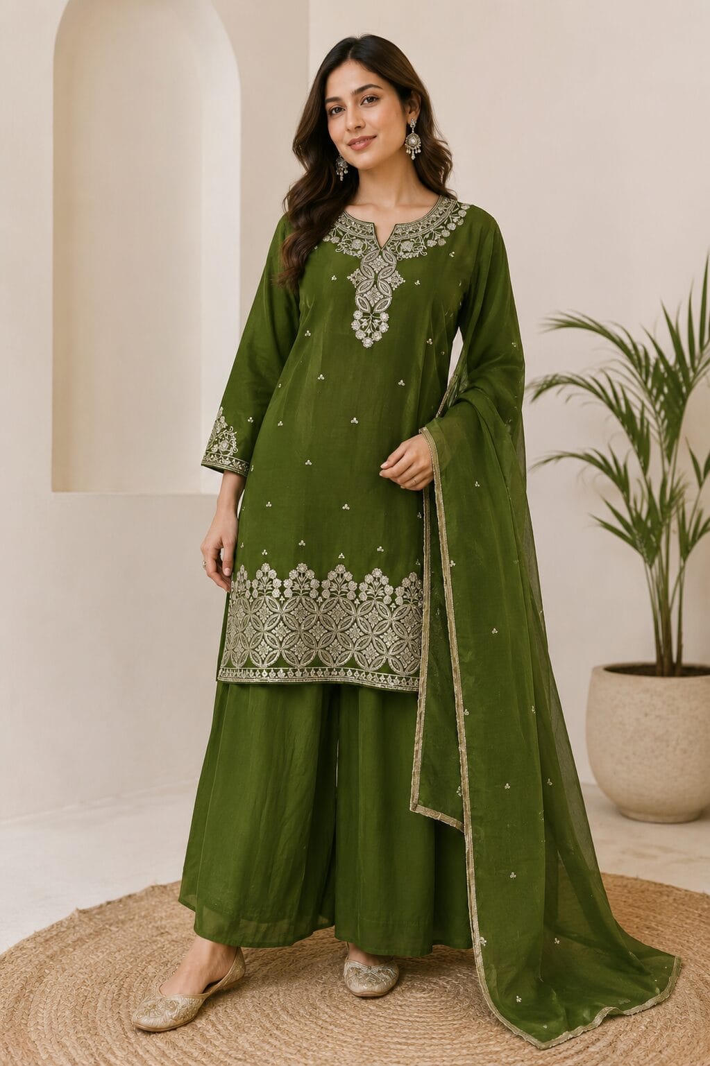 Mehendi Green Rangoli Crush Embroidered Farshi Kurta and Wide Palazzo with Dupatta - Image 3