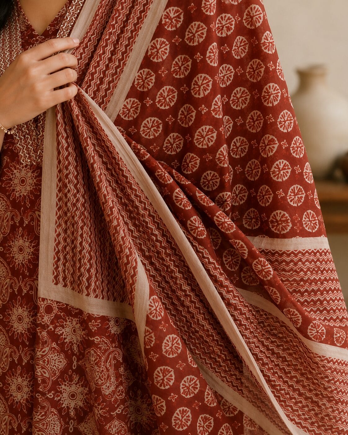 Rust Red Printed Cotton Blend Kurta and Pant with Dupatta - Image 4
