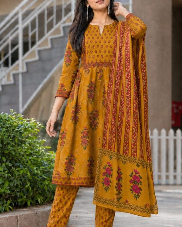Mustard Yellow Cotton Blend Printed Anarkali Kurta and Pant with Dupatta