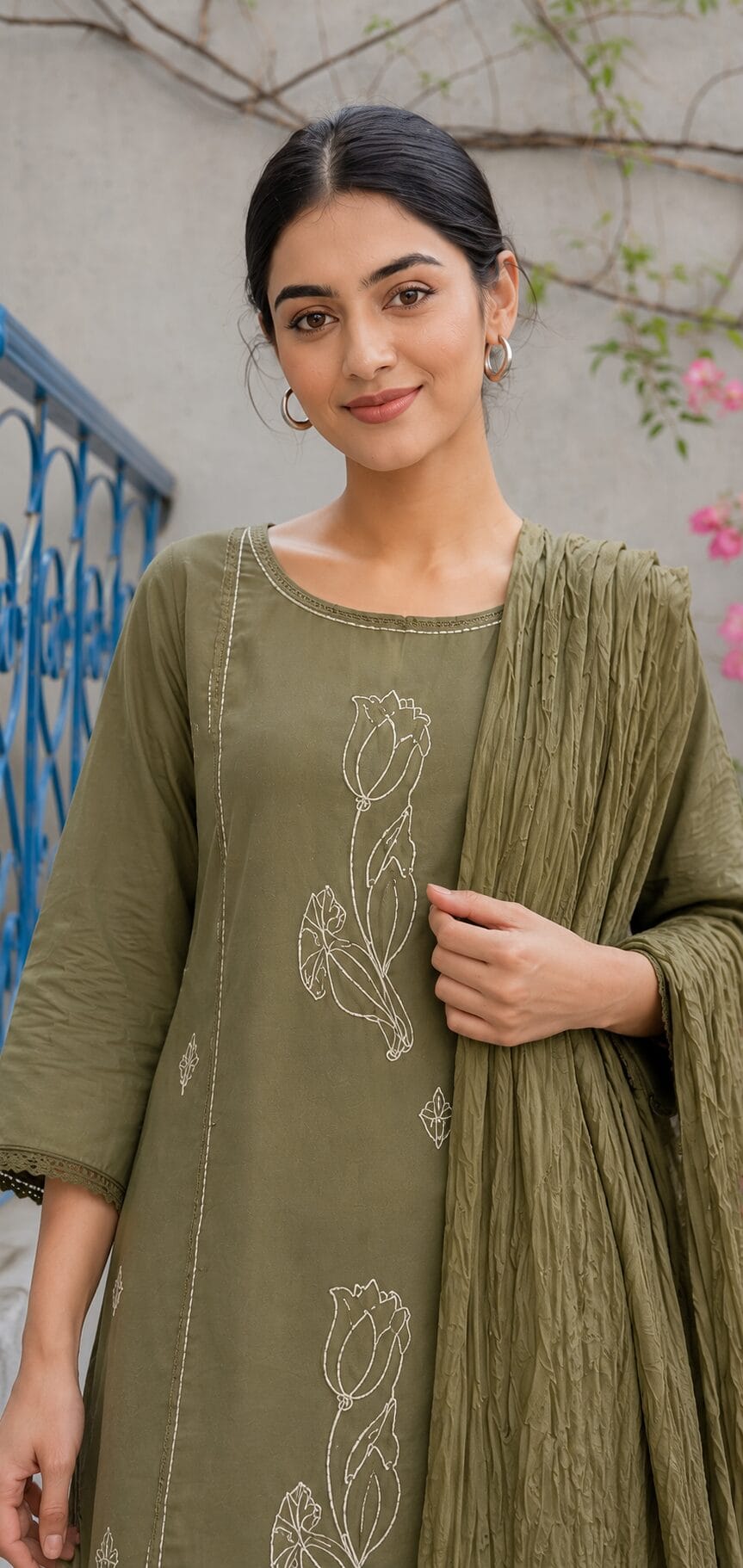 Mouse Brown Cotton Blend Embroidered Kurta and Pant with Dupatta - Image 2