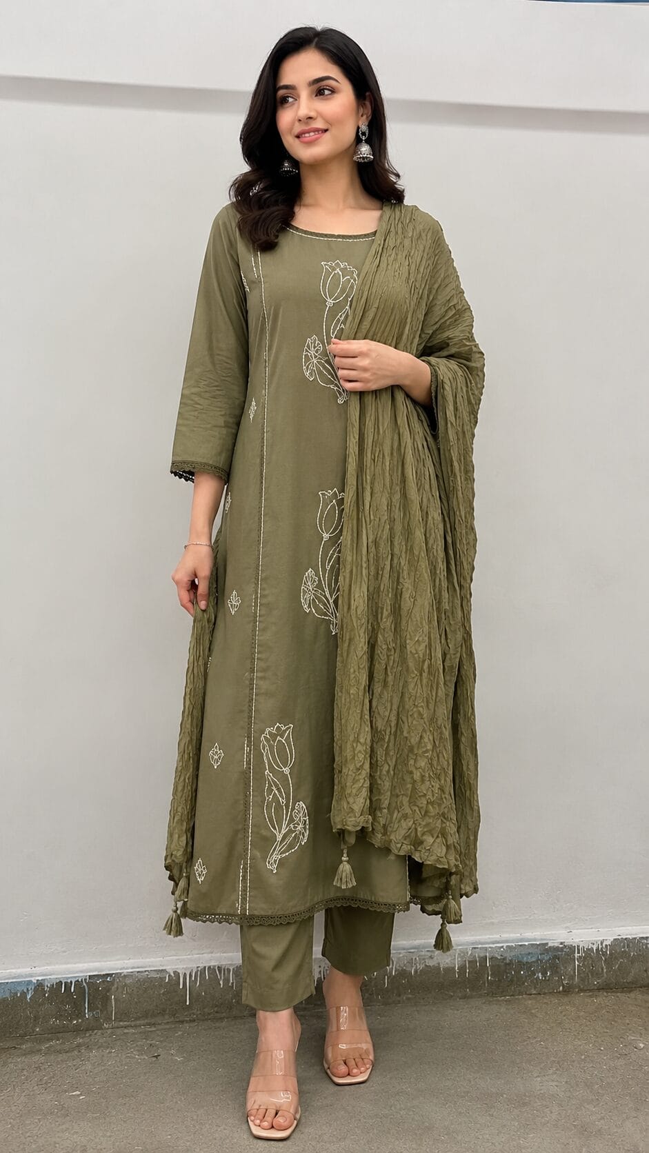 Mouse Brown Cotton Blend Embroidered Kurta and Pant with Dupatta - Image 3