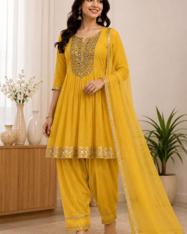 Yellow Mul Chanderi Embroidered Anarkali Kurta and Dhoti Pant With Dupatta