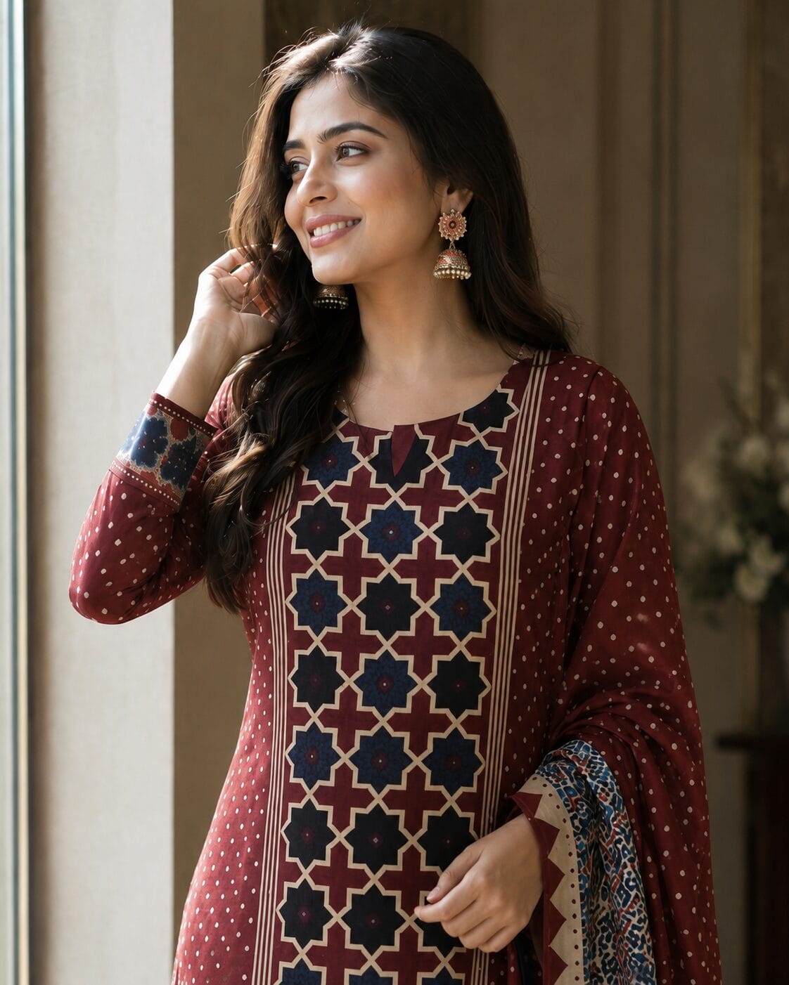 Maroon Printed Cotton Blend Kurta and Pant with Dupatta - Image 2