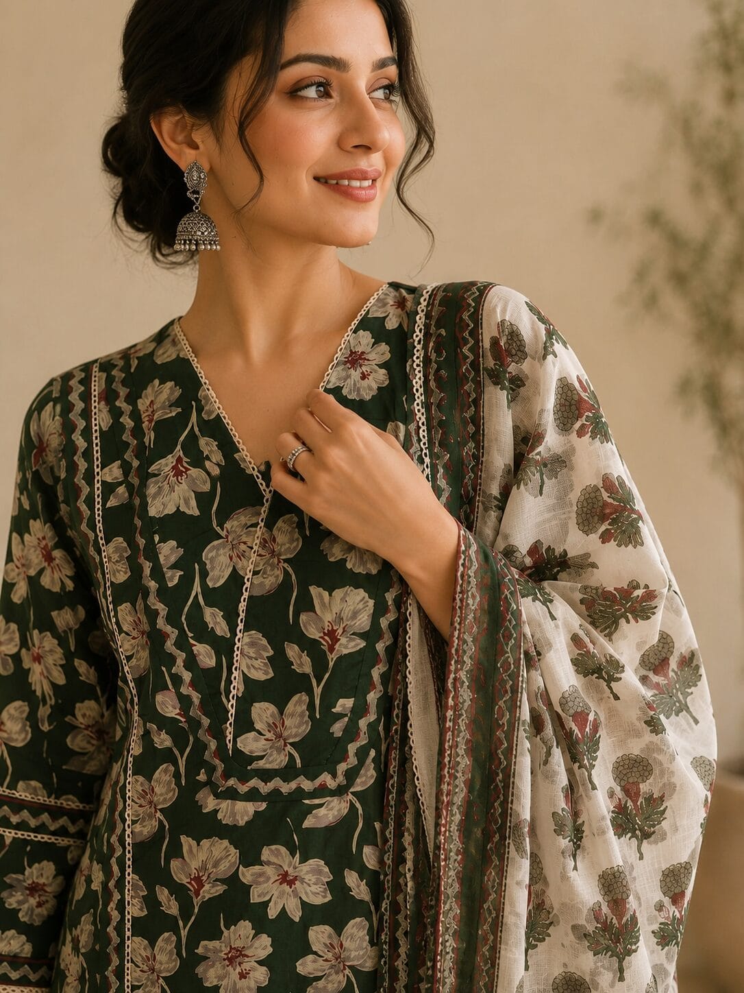 Green Floral Printed Cotton Blend Kurta and Pant with Dupatta - Image 2