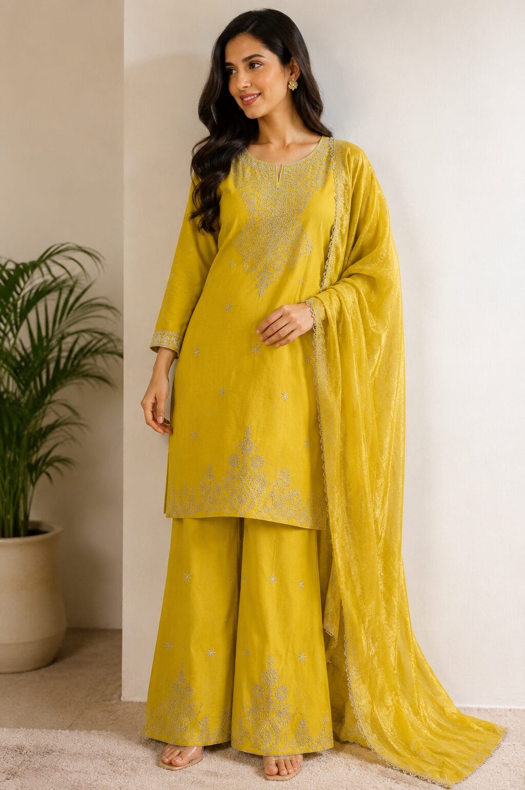 Yellow Silk Blend Embroidered Kurta and Palazzo with Dupatta - Image 4