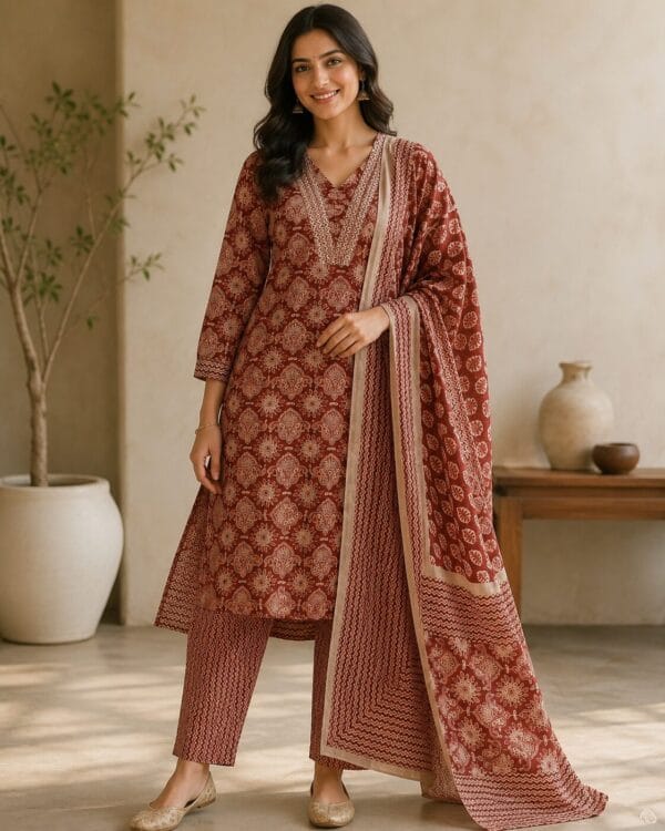Rust Red Printed Cotton Blend Kurta and Pant with Dupatta