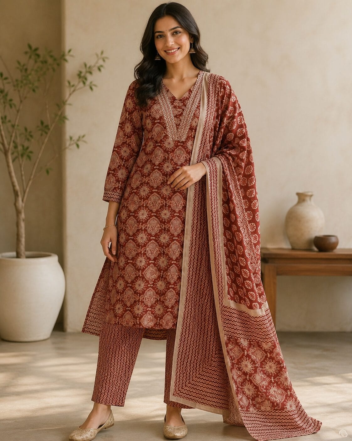 Rust Red Printed Cotton Blend Kurta and Pant with Dupatta