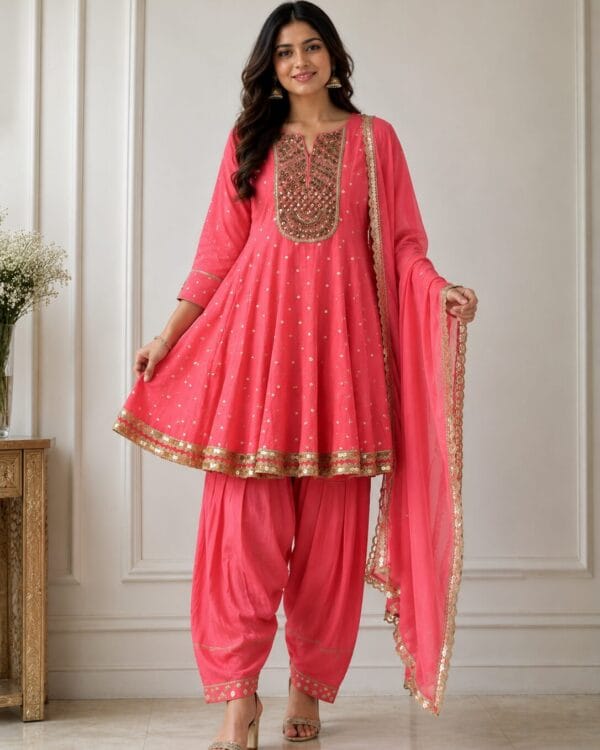 Pink Mul Chanderi Embroidered Anarkali Kurta and Dhoti Pant With Dupatta