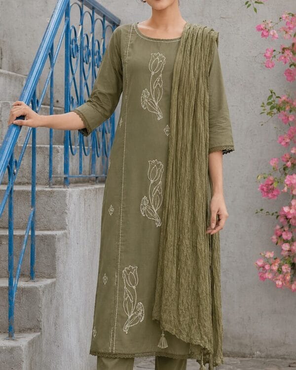 Mouse Brown Cotton Blend Embroidered Kurta and Pant with Dupatta