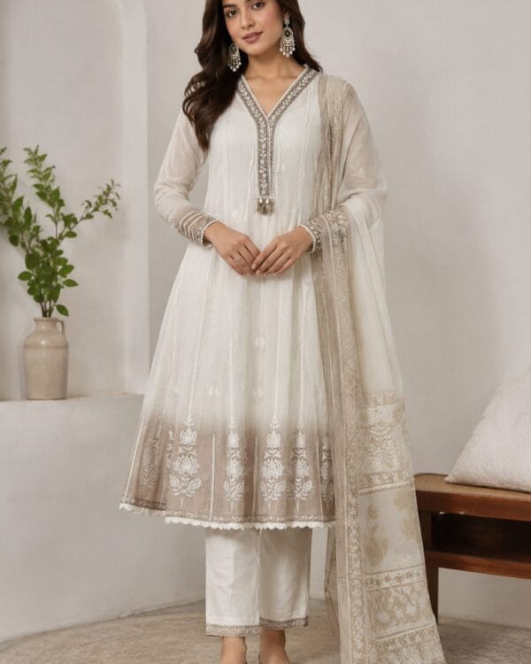 Ivory & Grey Mul Chanderi Ombre Shaded Kurta and Pant with Dupatta