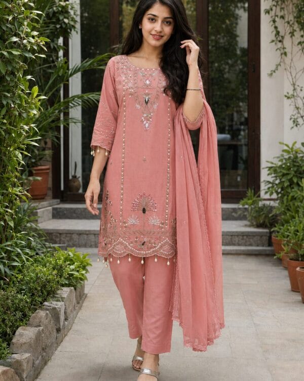 Pink Mul Chanderi Embroidered Kurta and Pant With Dupatta