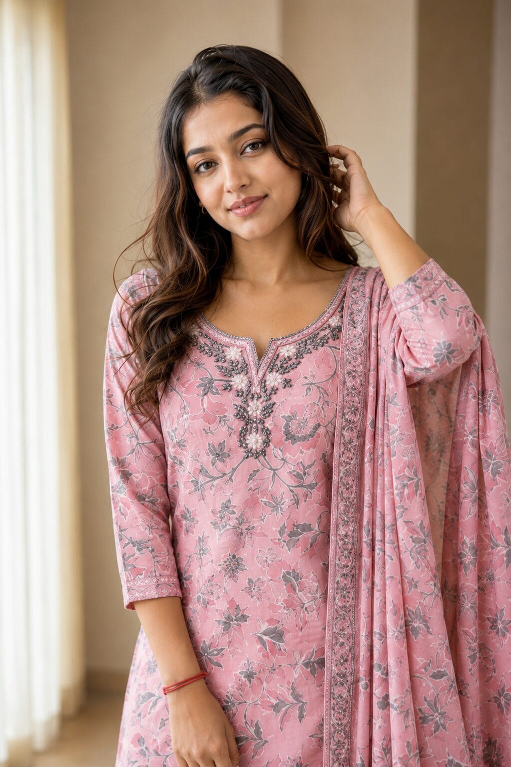 Pink Floral Printed Cotton Blend Kurta and Pant with Dupatta - Image 2