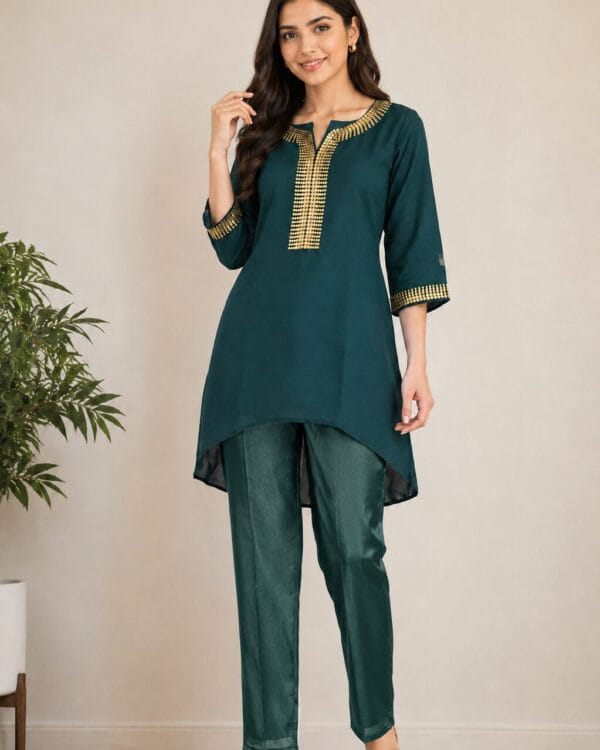 Dark Green Silk Blend Embroidered Kurta Pant Set