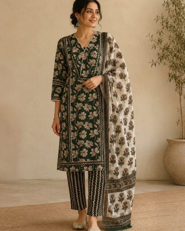 Green Floral Printed Cotton Blend Kurta and Pant with Dupatta