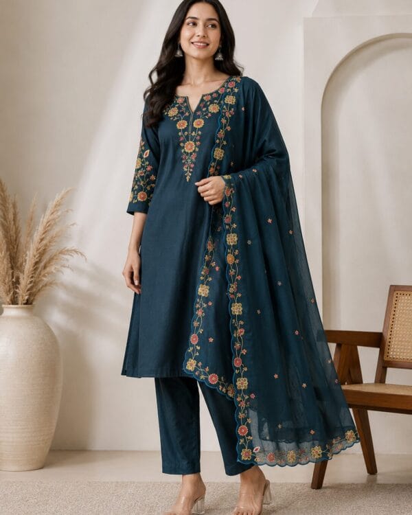 Teal Blue Silk Blend Embroidered Kurta and Pant with Dupatta