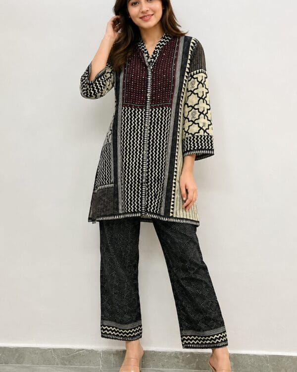 Black & Ivory Printed Cotton Blend Kurta Pant Set