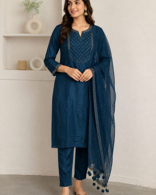 Teal Blue Mul Chanderi Embroidered Kurta and Pant with Dupatta