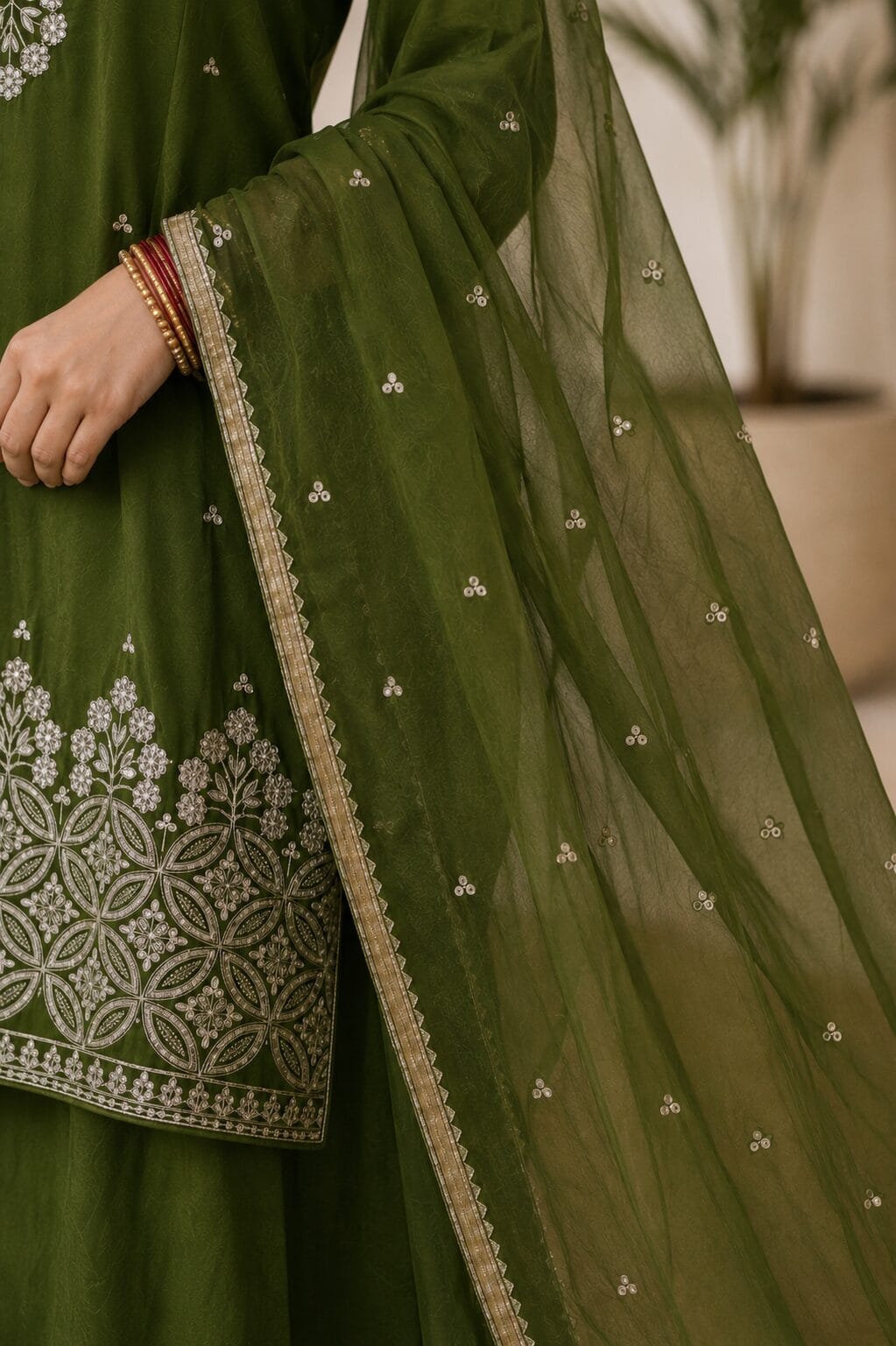 Mehendi Green Rangoli Crush Embroidered Farshi Kurta and Wide Palazzo with Dupatta - Image 4