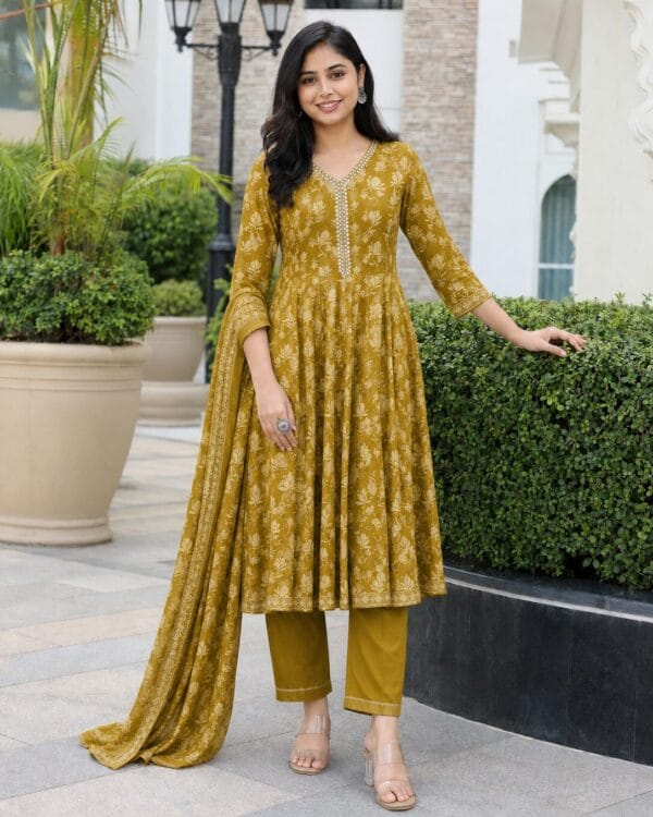 Mustard Yellow Cotton Blend Printed Anarkali Kurta and Pant with Dupatta