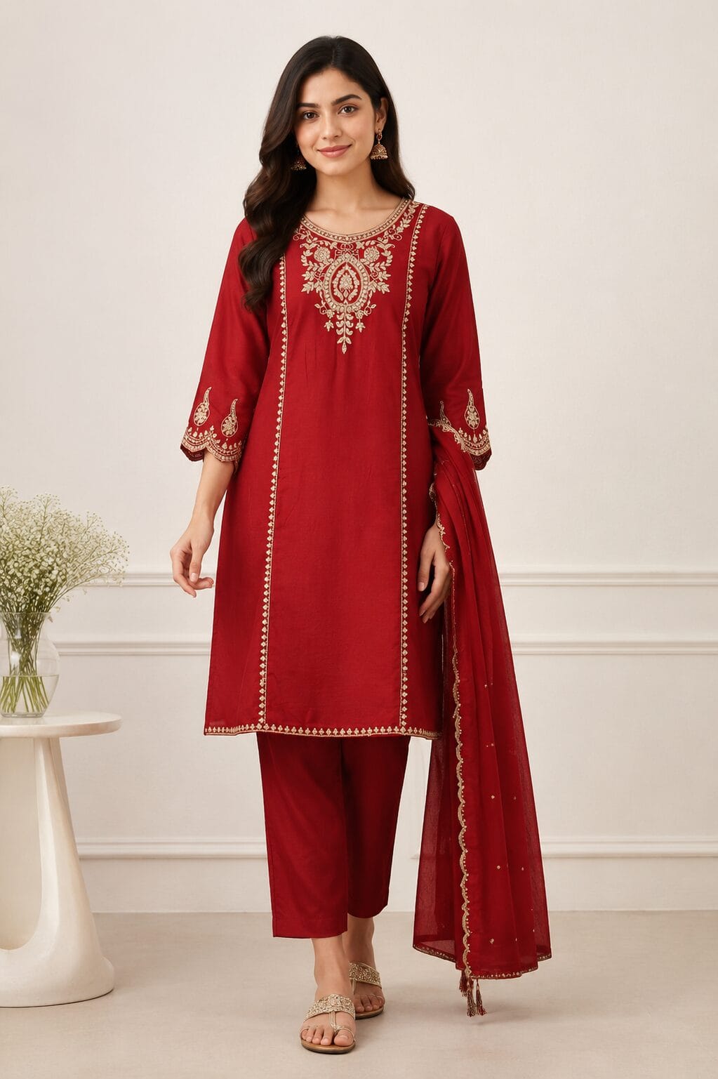 Rust Red Silk Blend Embroidered Kurta and Pant with Dupatta - Image 4