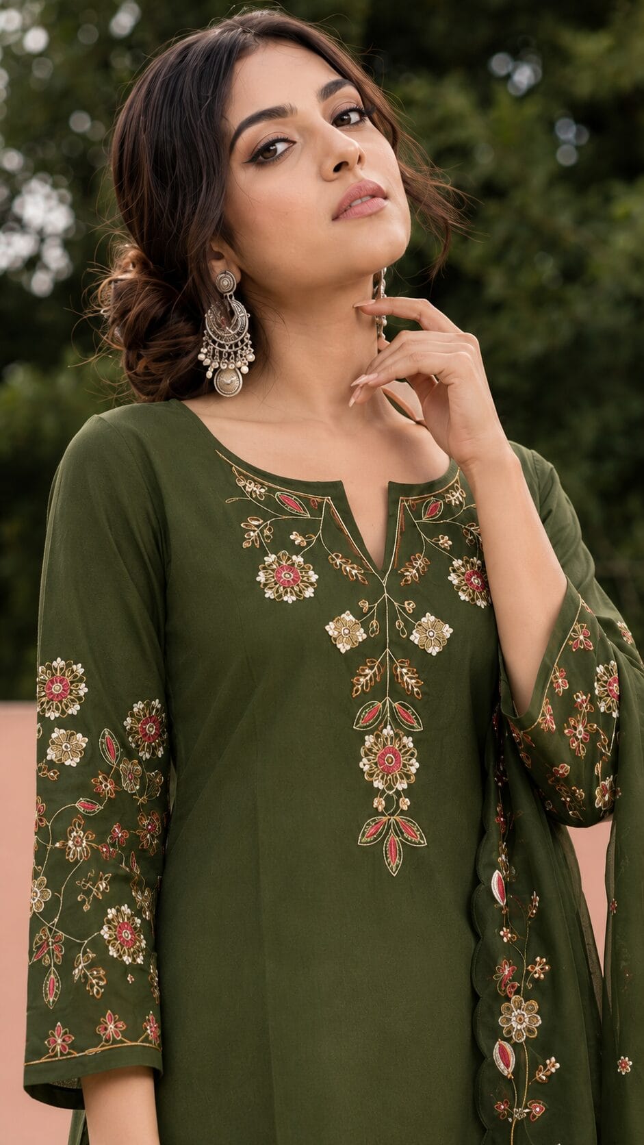 Mehendi Green Silk Blend Embroidered Kurta and Pant with Dupatta - Image 2