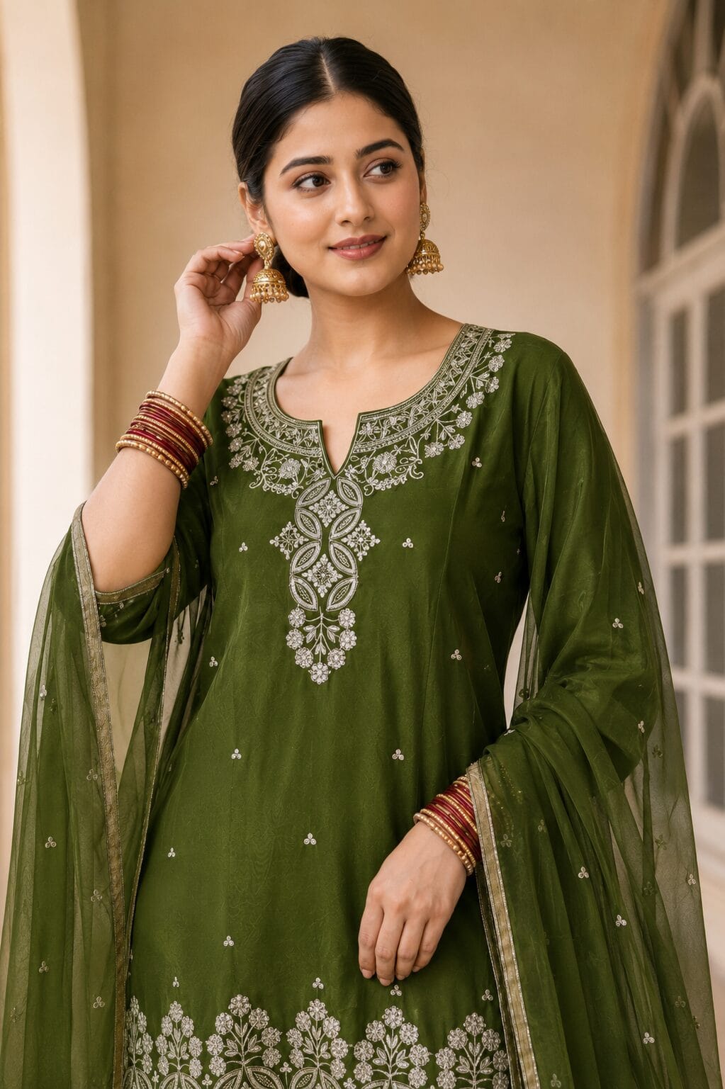 Mehendi Green Rangoli Crush Embroidered Farshi Kurta and Wide Palazzo with Dupatta - Image 2